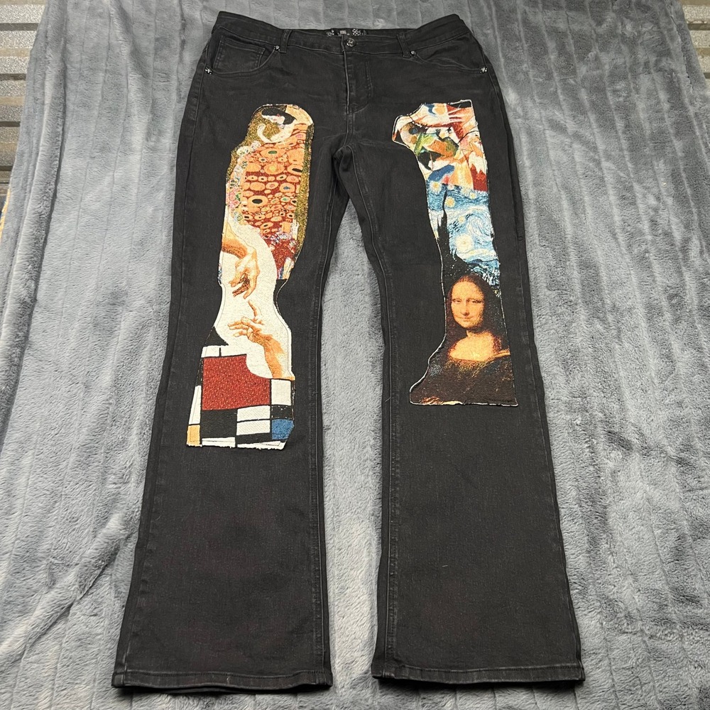 Rebel Vengeance Mens Black Art Tapestry Patch Flare Jeans 36 Mona Lisa Klimt